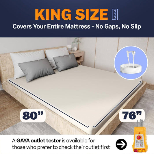 King size mattress cover fitting entire bed with pillows, 80x76 inches, GAYA outlet tester shown. Come see us at Awaken, Franklin, Tennessee