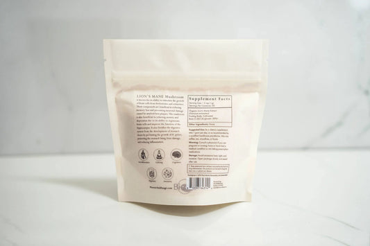 Back of Lion's Mane mushroom supplement bag with health benefits and supplement facts. Come see us at Awaken, Franklin, Tennessee