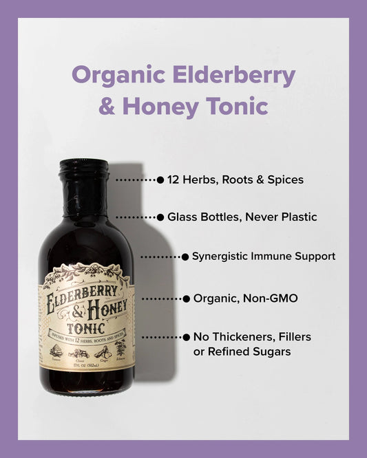 Organic Elderberry & Honey Tonic glass bottle with health benefits listed, natural ingredients, immune support. Come see us at Awaken, Franklin, Tennessee