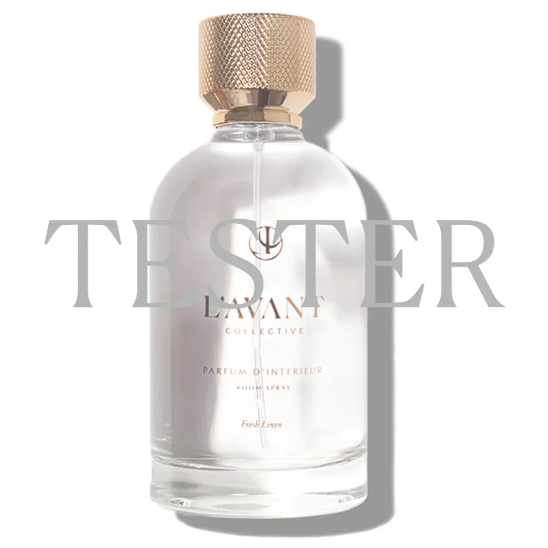 Lavant Collective Fresh Linen room spray bottle with gold cap and tester label. Come see us at Awaken, Franklin, Tennessee