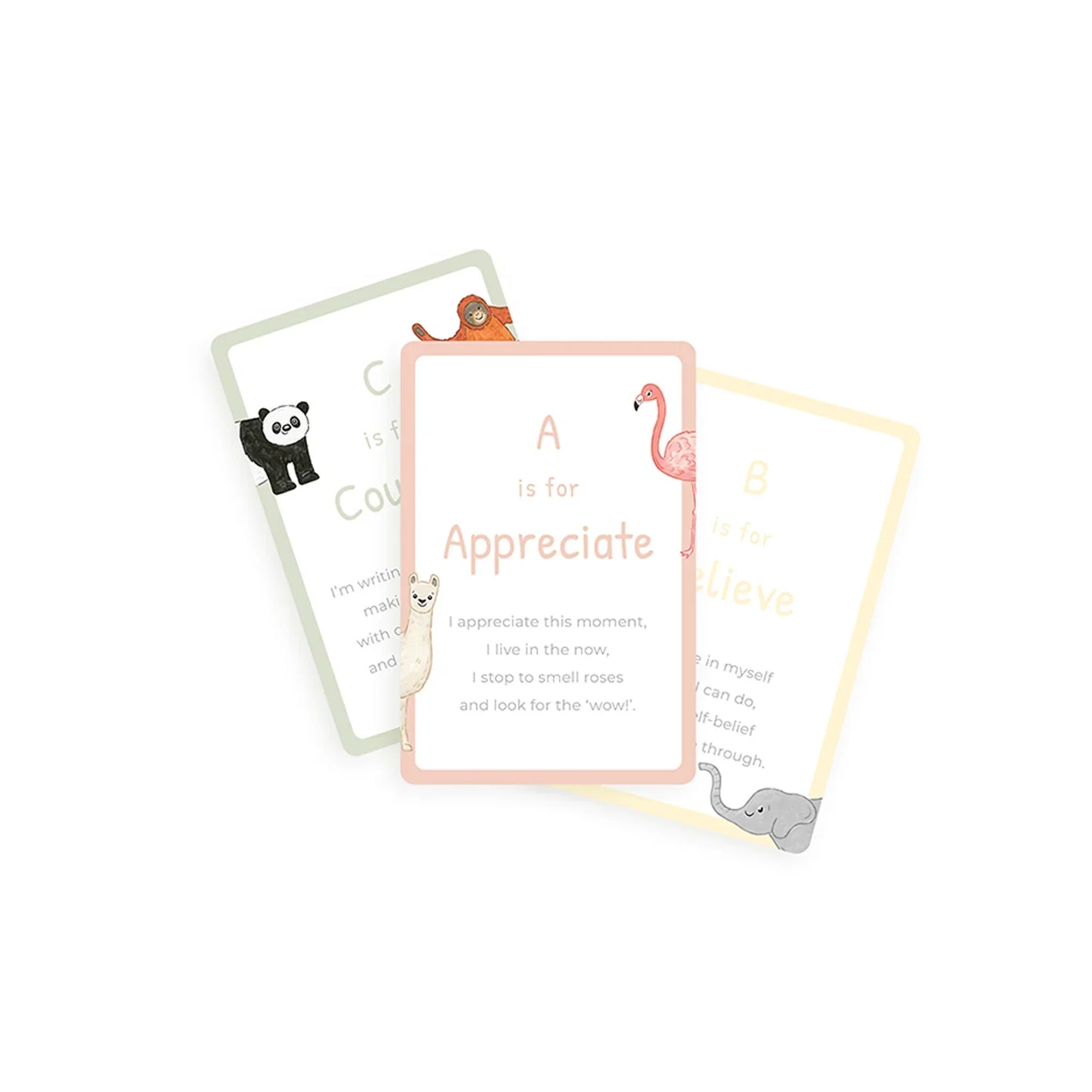 Alphabet flashcards with animals and positive words like Appreciate, Courage, Believe. Come see us at Awaken, Franklin, Tennessee