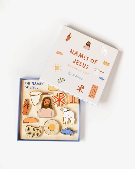 Names of Jesus wooden puzzle with religious symbols and figures, educational toy. Come see us at Awaken, Franklin, Tennessee