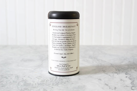 English Breakfast tea tin with brewing tips on marble surface, Come see us at Awaken, Franklin, Tennessee