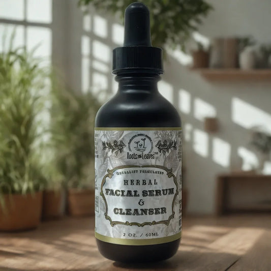 Roots & Leaves herbal facial serum and cleanser bottle on wooden surface with plants in background. Come see us at Awaken, Franklin, Tennessee