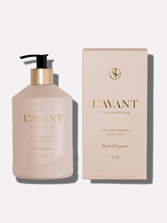 L'AVANT Collective Blushed Bergamot hand soap bottle and box, Come see us at Awaken, Franklin, Tennessee