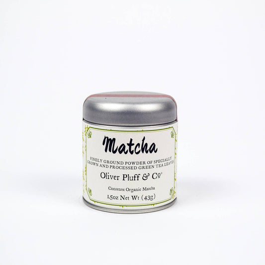 Organic Matcha green tea powder tin by Oliver Pluff & Co, 1.5oz, minimalist white background. Come see us at Awaken, Franklin, Tennessee