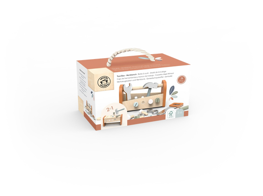 Wooden toy toolbox and workbench set for kids ages 3-6 with tools, 19 pcs, Come see us at Awaken, Franklin, Tennessee