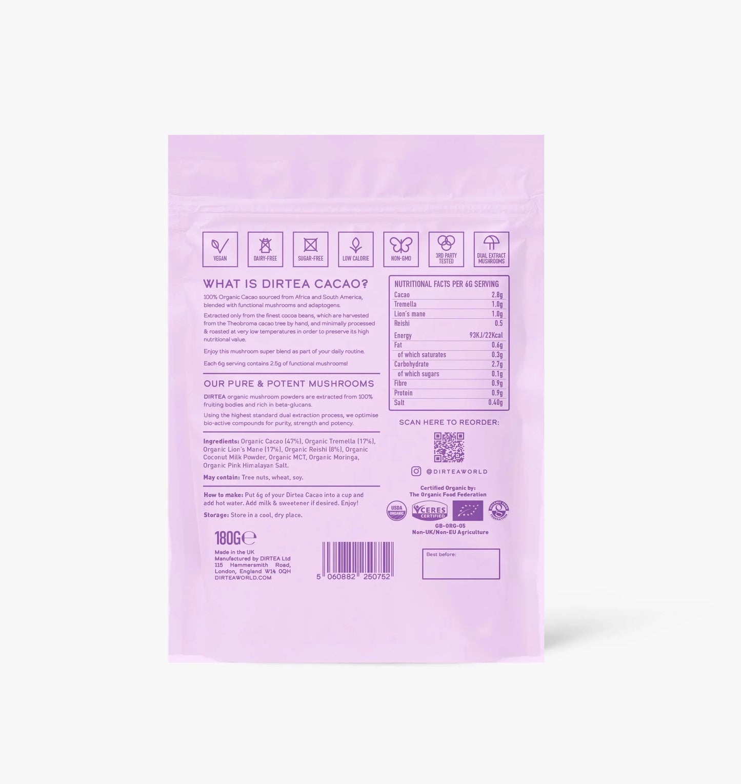 Back of Dirtea Cacao mushroom blend pouch with product details, purple packaging, Come see us at Awaken, Franklin, Tennessee