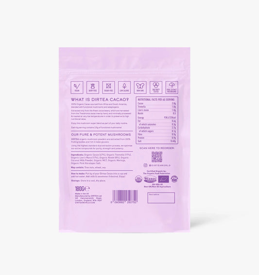 Back of Dirtea Cacao organic mushroom powder package with nutrition facts. Come see us at Awaken, Franklin, Tennessee