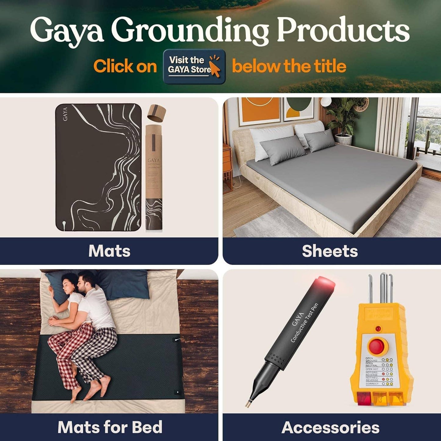 Gaya Grounding Products including grounding mats, sheets on a bed, bed mats with couple, and grounding accessories. Come see us at Awaken, Franklin, Tennessee