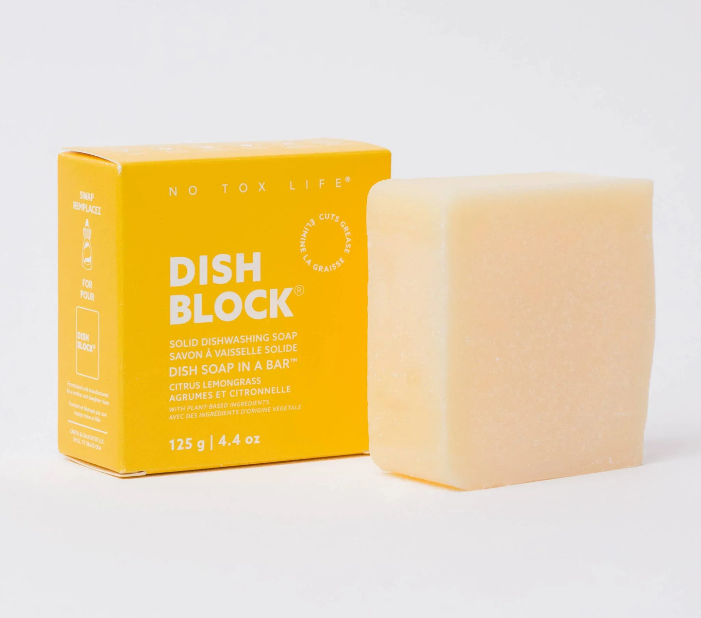 Solid citrus lemongrass dish soap bar with yellow packaging, eco-friendly cleaning product. Come see us at Awaken, Franklin, Tennessee
