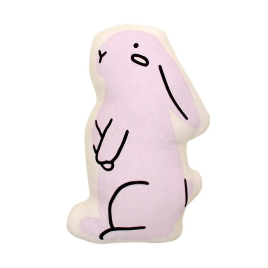 Plush lavender bunny pillow with simple black line art on white background. Come see us at Awaken, Franklin, Tennessee