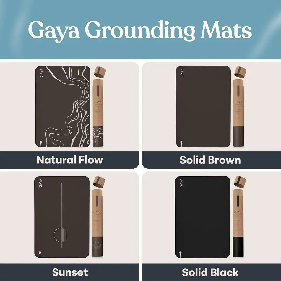 Gaya Grounding Mats in Natural Flow, Solid Brown, Sunset, and Solid Black designs with packaging. Come see us at Awaken, Franklin, Tennessee.