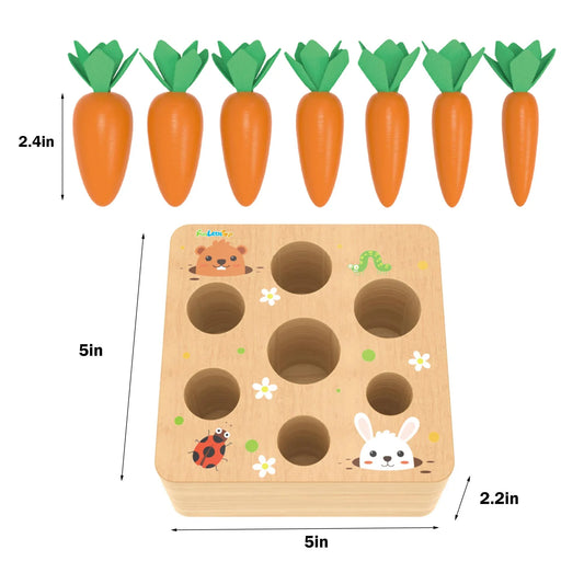 Wooden memory game with bunny, bear, and bugs, 7 wooden carrots, dimensions 5x5x2.2in, 2.4in carrots. Come see us at Awaken, Franklin, Tennessee