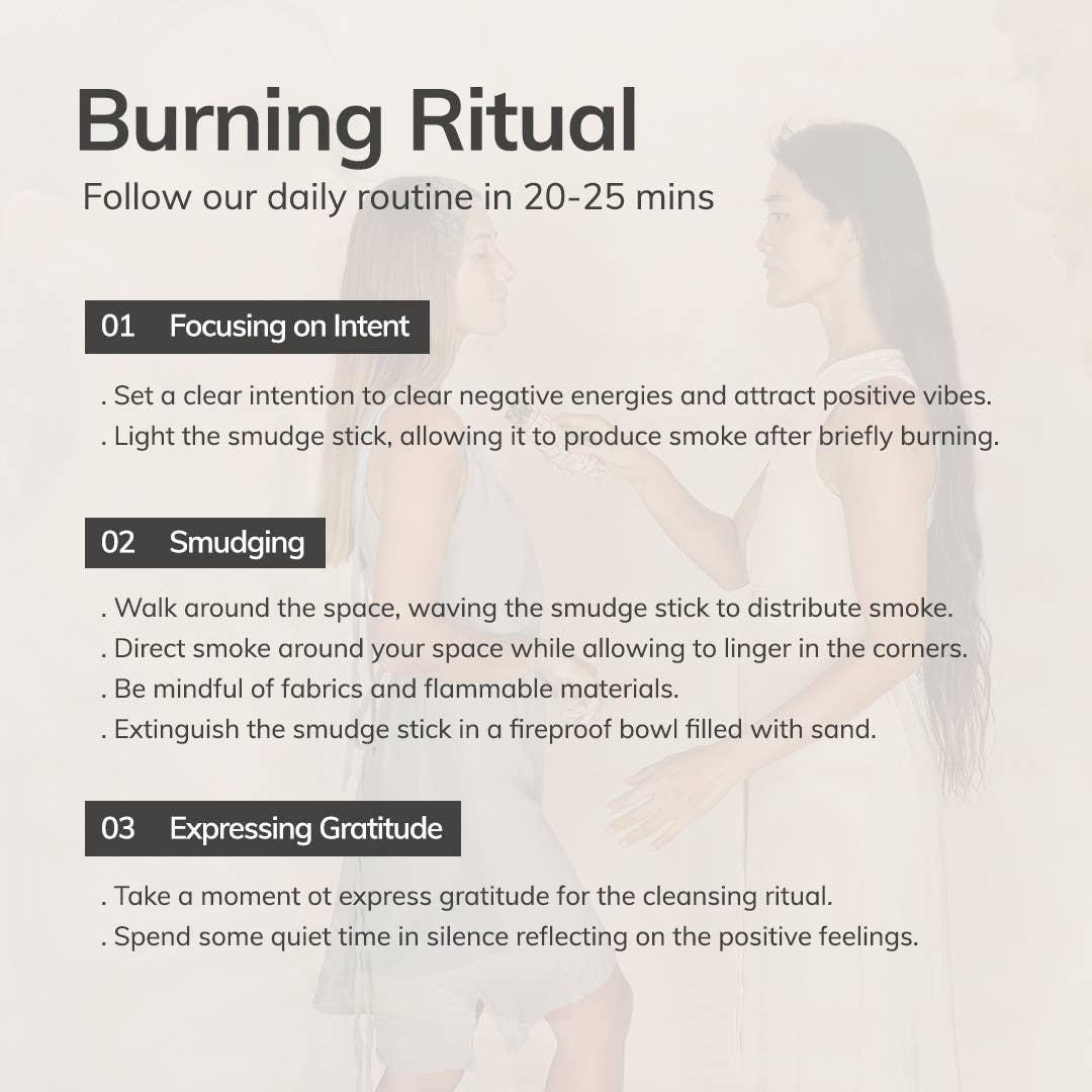 Burning Ritual guide with steps for smudging and gratitude, plus two women in a light spiritual setting. Come see us at Awaken, Franklin, Tennessee