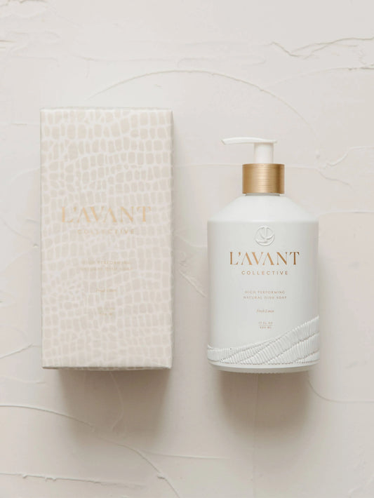 L’AVANT Collective dish soap bottle and box on textured white background, Come see us at Awaken, Franklin, Tennessee