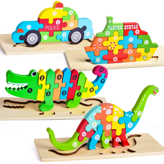 Colorful wooden puzzle toys of a police car, ship, crocodile, and dinosaur with numbered pieces on wooden bases. Come see us at Awaken, Franklin, Tennessee