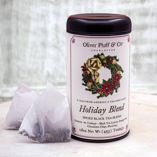 Oliver Pluff Holiday Blend spiced black tea canister with tea bags on a light surface Come see us at Awaken, Franklin, Tennessee