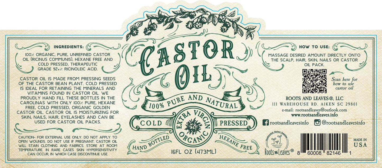 Organic castor oil label with natural, cold pressed, pure oil details. Come see us at Awaken, Franklin, Tennessee