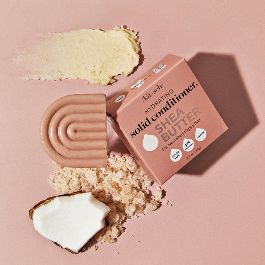 Kitsch hydrating solid conditioner with shea butter on pink background, Come see us at Awaken, Franklin, Tennessee