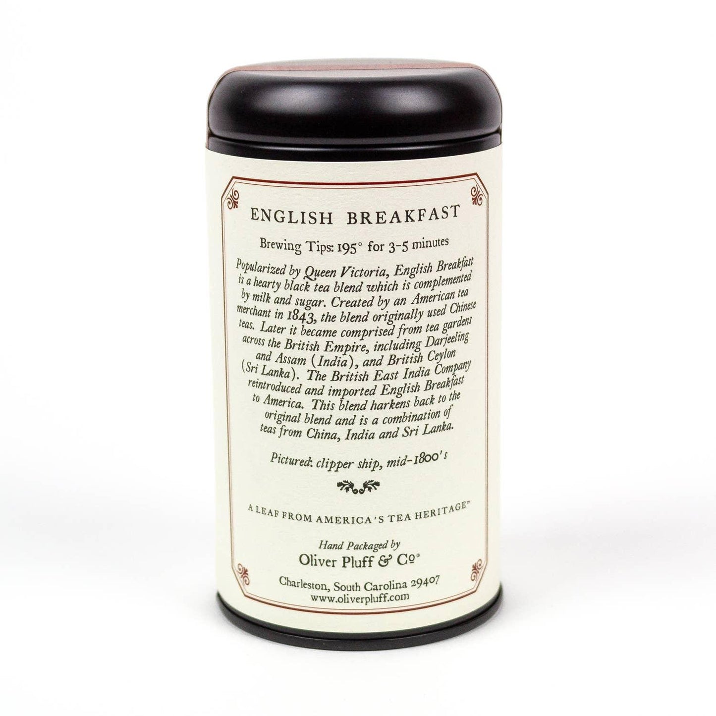 Tin of Oliver Pluff English Breakfast black tea with brewing tips and history label, black lid. Come see us at Awaken, Franklin, Tennessee