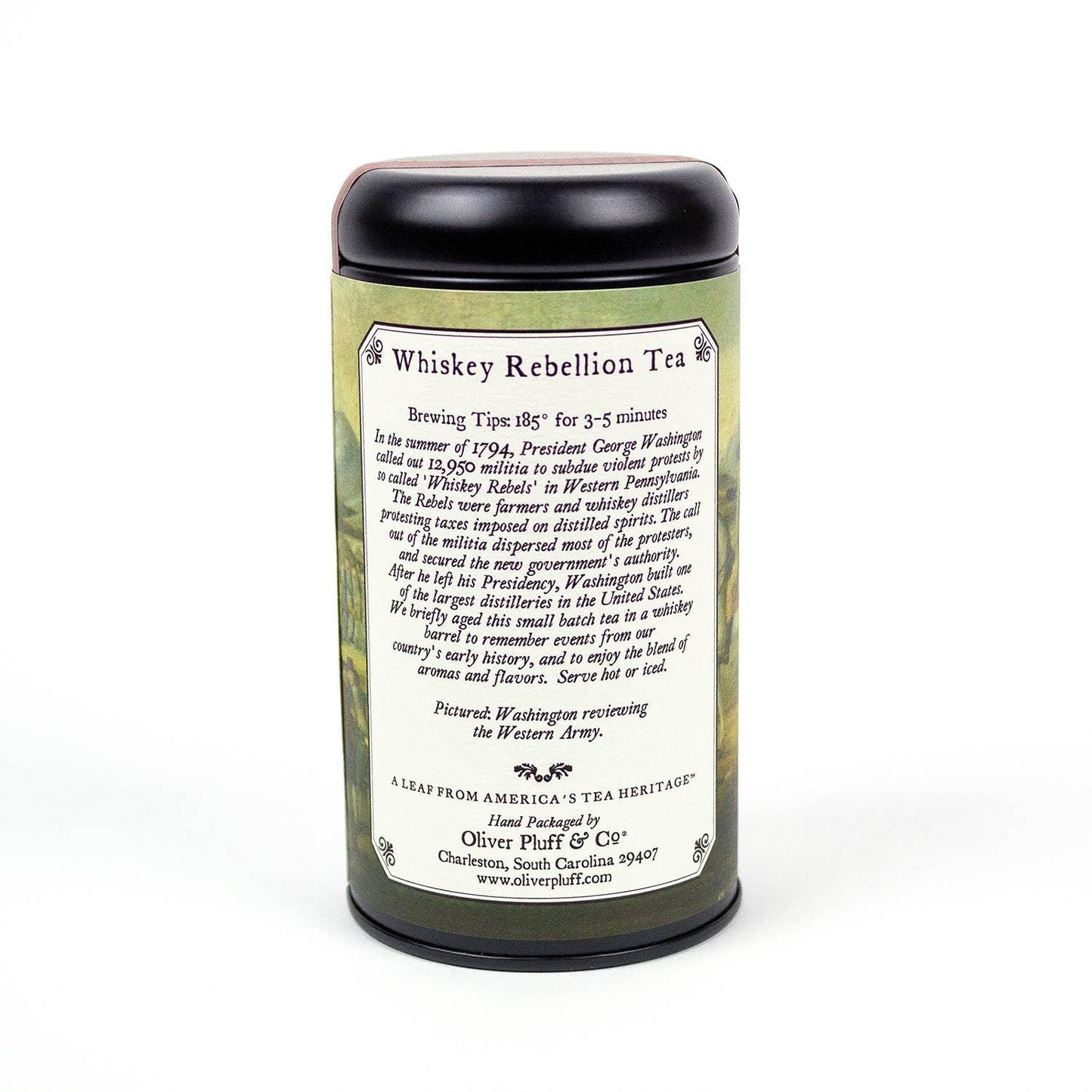 Whiskey Rebellion Tea tin by Oliver Pluff & Co with historical label on white background. Come see us at Awaken, Franklin, Tennessee