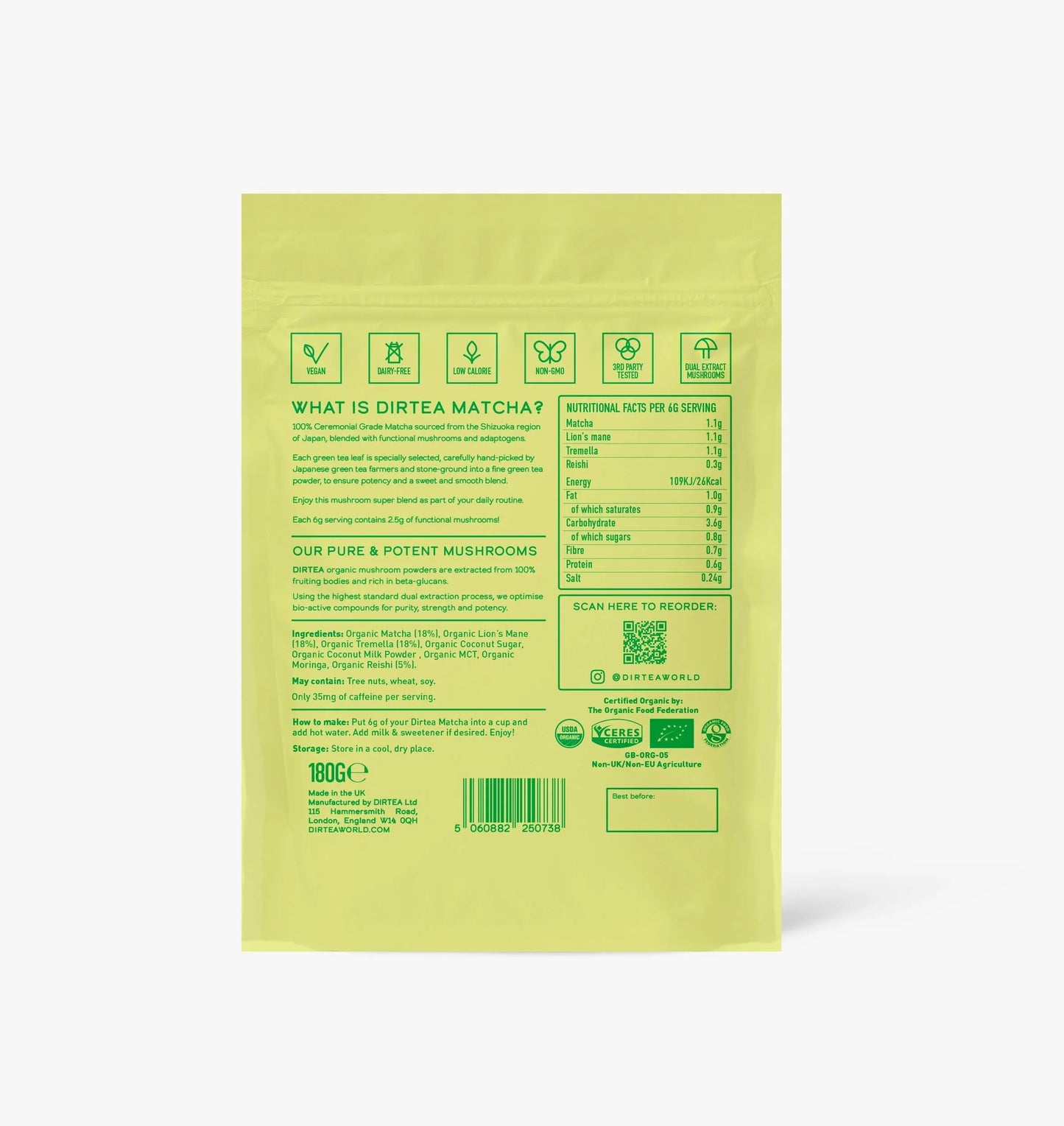 Back of Dirtea Matcha organic powder pouch with ingredients and nutritional facts. Come see us at Awaken, Franklin, Tennessee
