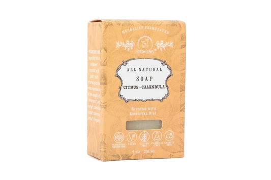 All natural Citrus + Calendula soap bar in orange packaging with essential oils, vegan, cruelty-free. Come see us at Awaken, Franklin, Tennessee