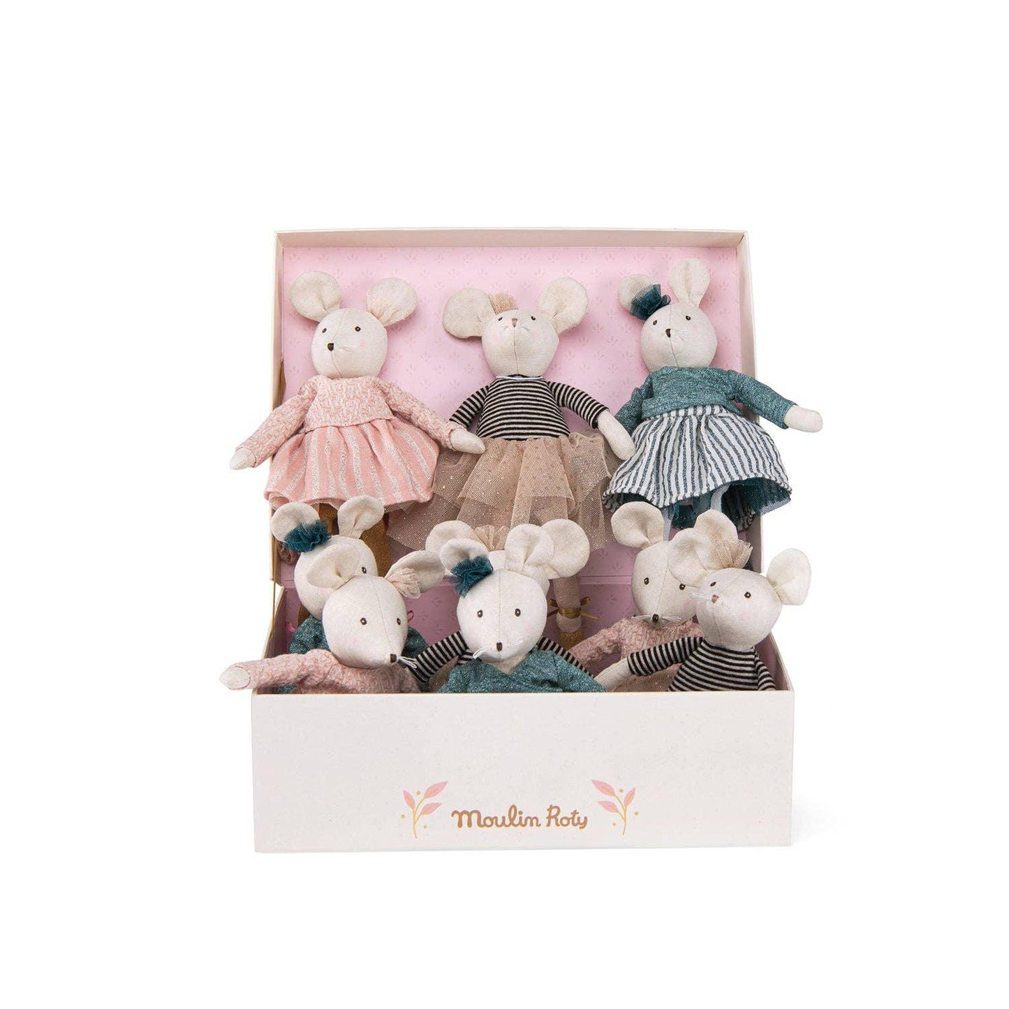 Box of Moulin Roty soft fabric mice dolls dressed in colorful costumes Come see us at Awaken, Franklin, Tennessee