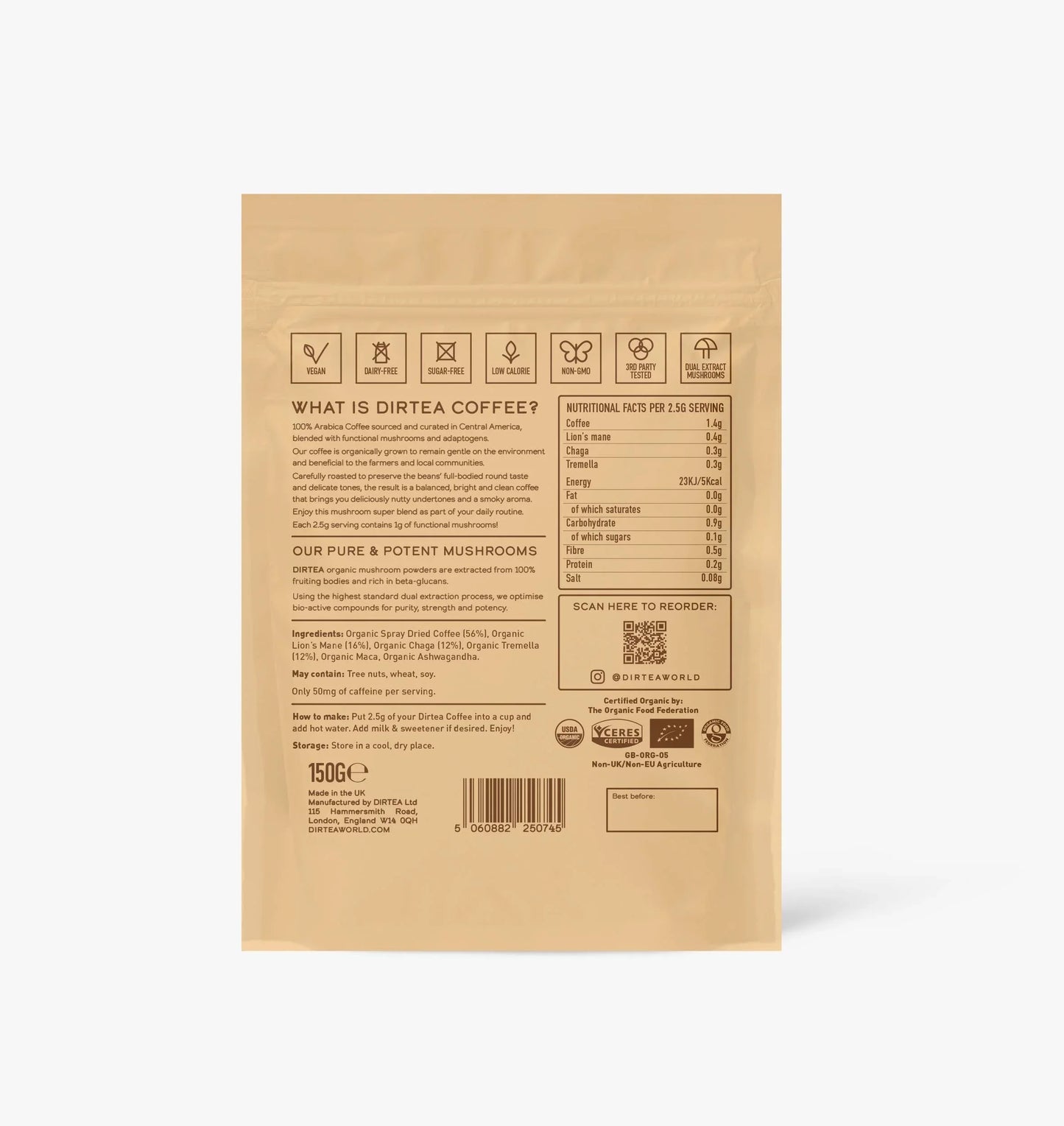Back of beige Dirtea Coffee bag with nutritional facts, ingredients, and mushroom blend info. Come see us at Awaken, Franklin, Tennessee