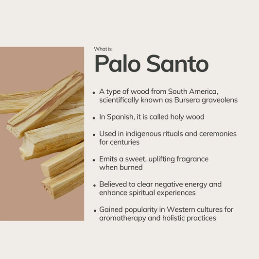 Palo Santo wood sticks with info on benefits and spiritual uses. Come see us at Awaken, Franklin, Tennessee