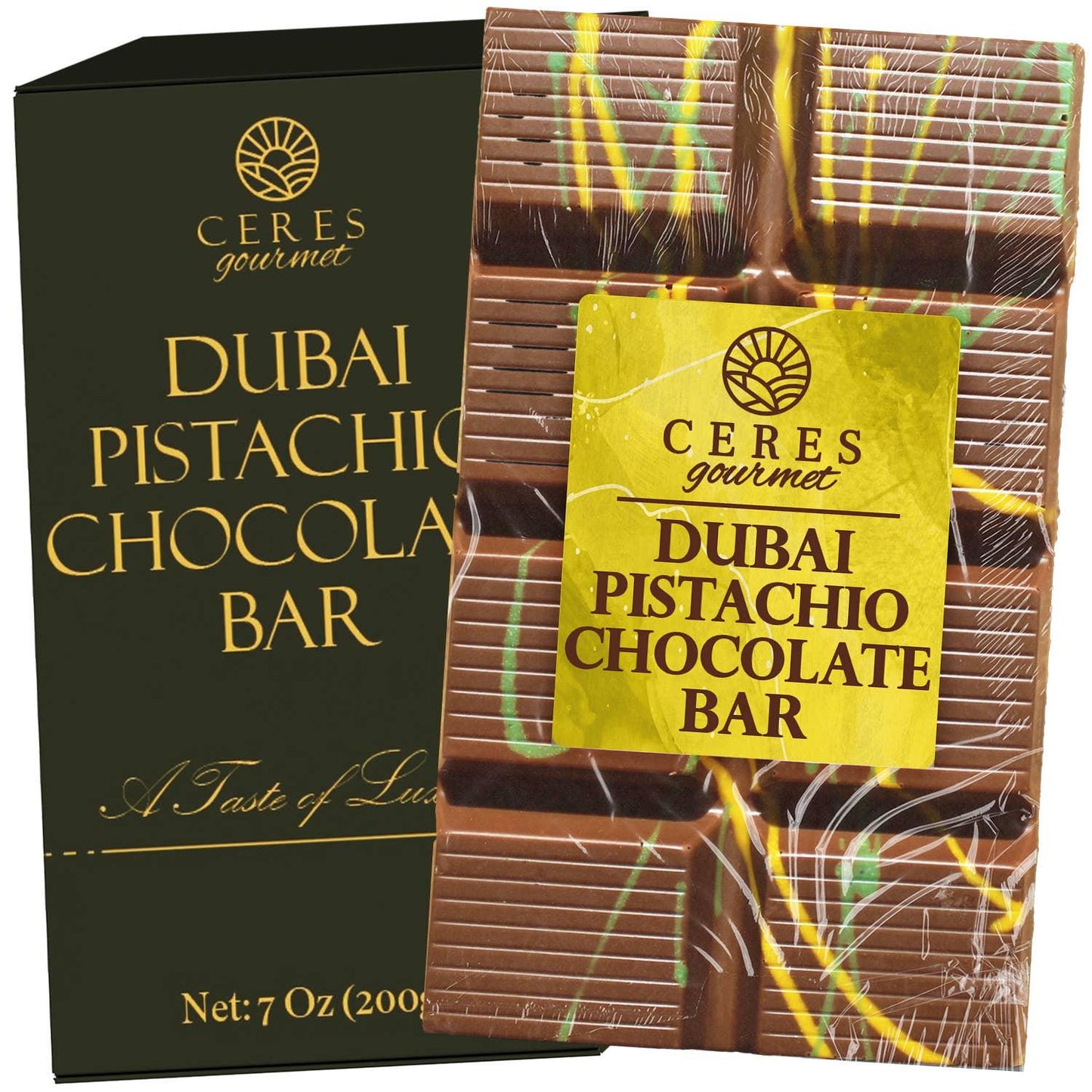 Ceres Gourmet Dubai Pistachio Chocolate Bar with green and yellow drizzle and black packaging. Come see us at Awaken, Franklin, Tennessee