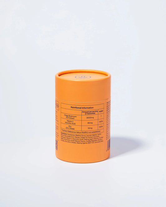 Orange supplement container showing nutritional info for Chaga Mushroom gummies, on white background. Come see us at Awaken, Franklin, Tennessee