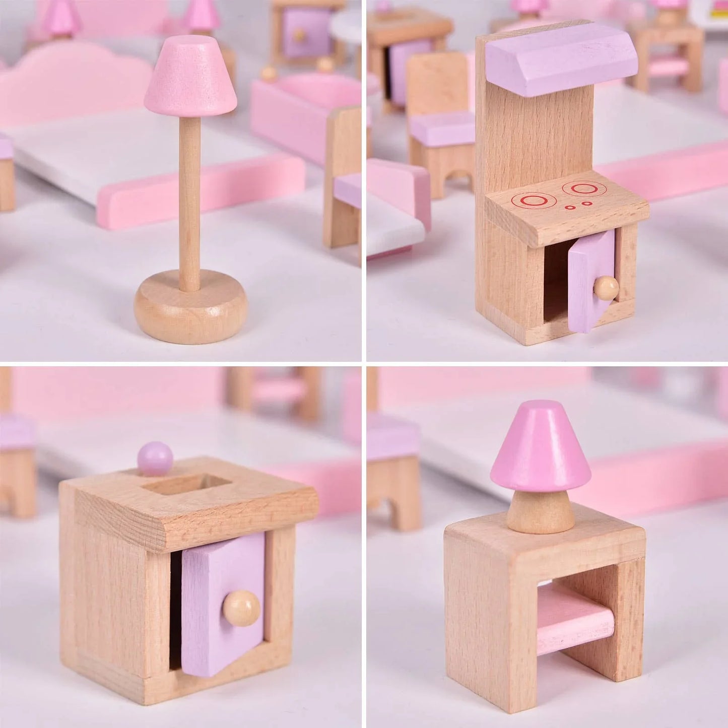 Wooden dollhouse furniture set with pink accents including lamp, stove, cabinet, and table. Come see us at Awaken, Franklin, Tennessee