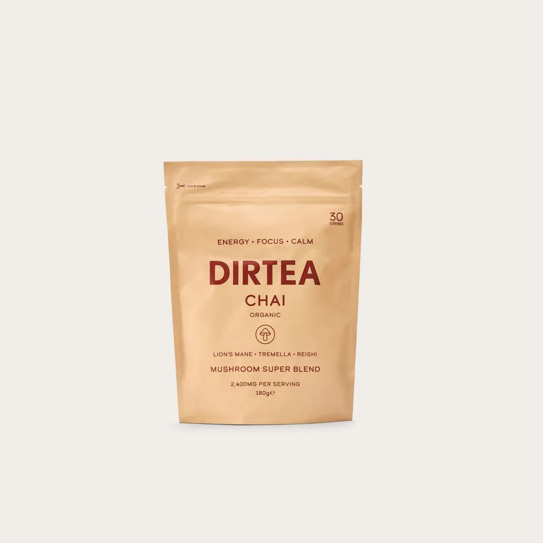DIRTEA organic chai mushroom super blend packaging with Lion's Mane, Tremella, Reishi on beige background. Come see us at Awaken, Franklin, Tennessee