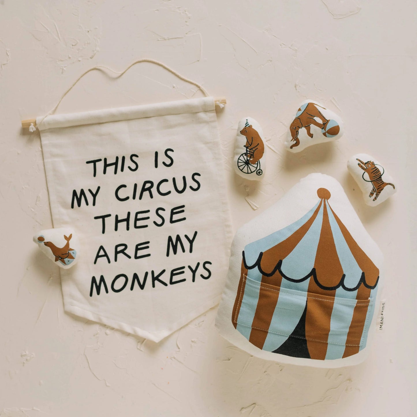 Circus-themed wall hanging reading 'This is my circus these are my monkeys' with stuffed circus tent and animal toys. Come see us at Awaken, Franklin, Tennessee