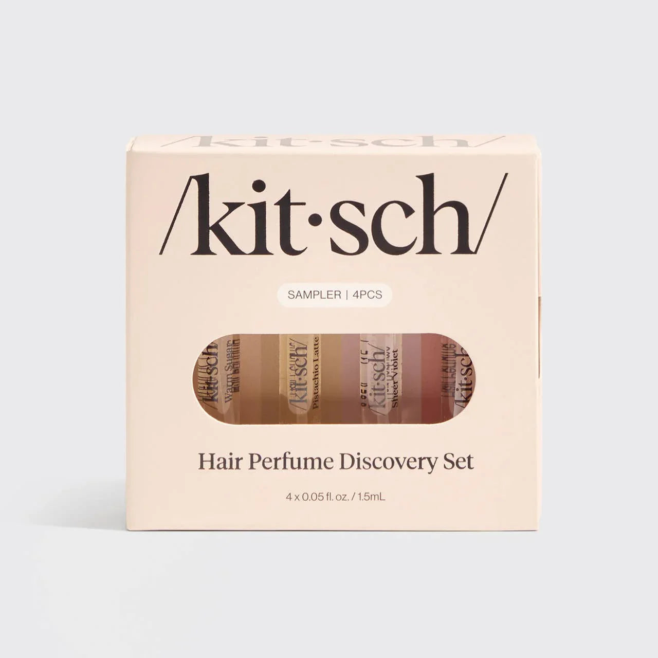 Kitsch Hair Perfume Discovery Set with 4 scent samplers in beige box. Come see us at Awaken, Franklin, Tennessee