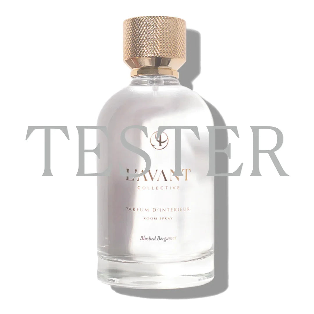 L'Avant Collective Blushed Bergamot room spray with gold cap on white background. Come see us at Awaken, Franklin, Tennessee