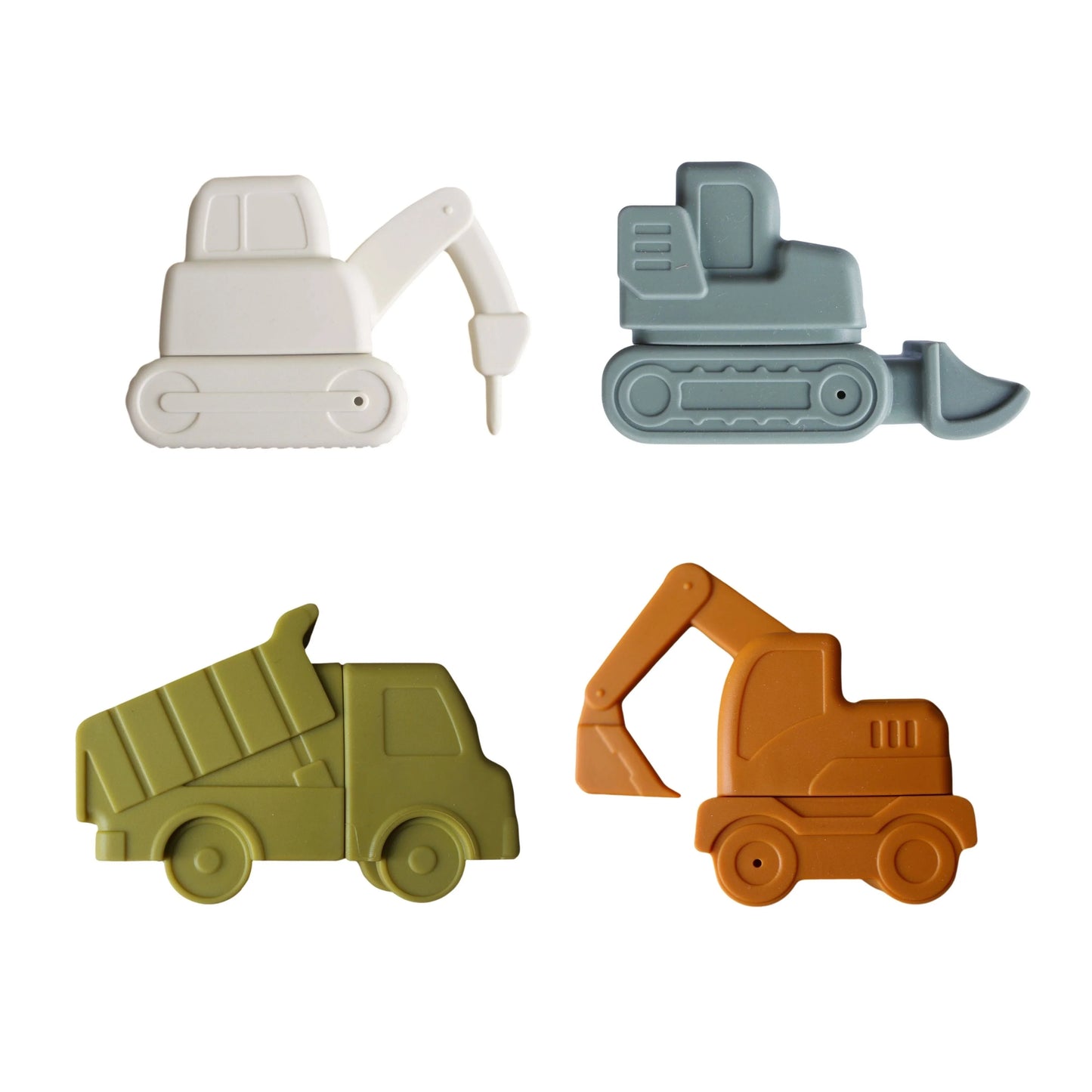Four colorful toy construction vehicles including excavators and dump truck on white background. Come see us at Awaken, Franklin, Tennessee