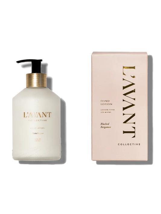 L'AVANT Collective Blushed Bergamot hand lotion bottle and box, Come see us at Awaken, Franklin, Tennessee
