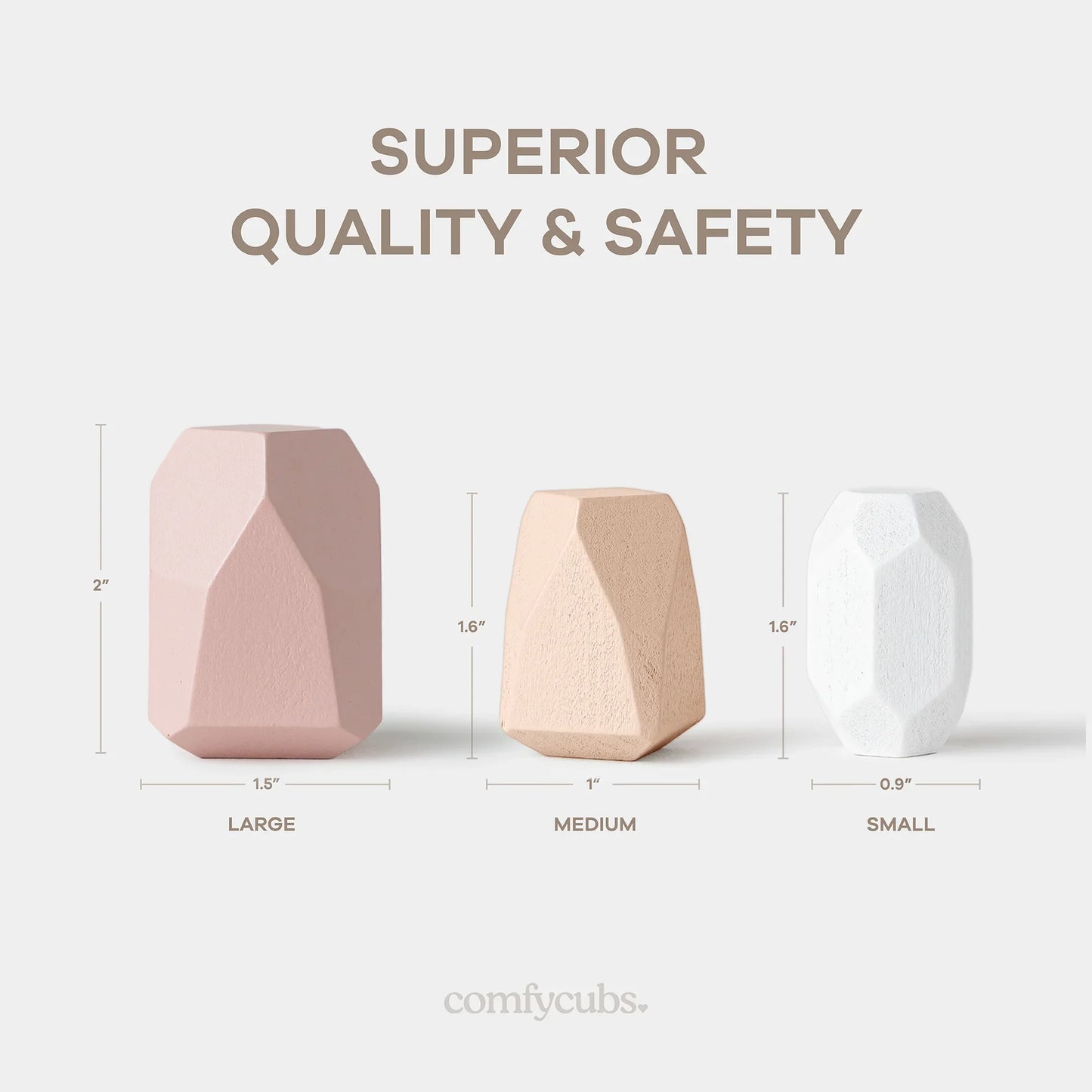 Three geometric pastel-colored blocks labeled large, medium, small with measurements, showcasing superior quality. Come see us at Awaken, Franklin, Tennessee.