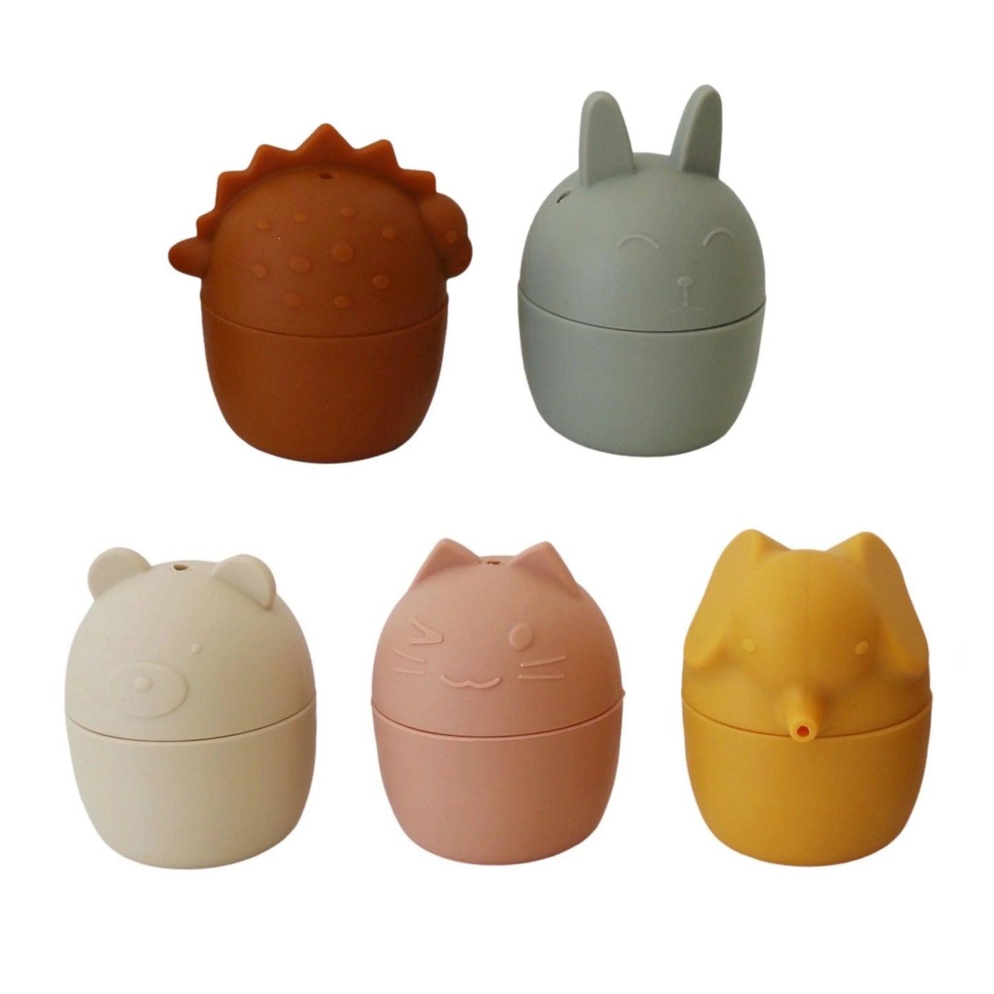 Five colorful animal-shaped containers in brown, gray, cream, pink, and yellow on white background. Come see us at Awaken, Franklin, Tennessee