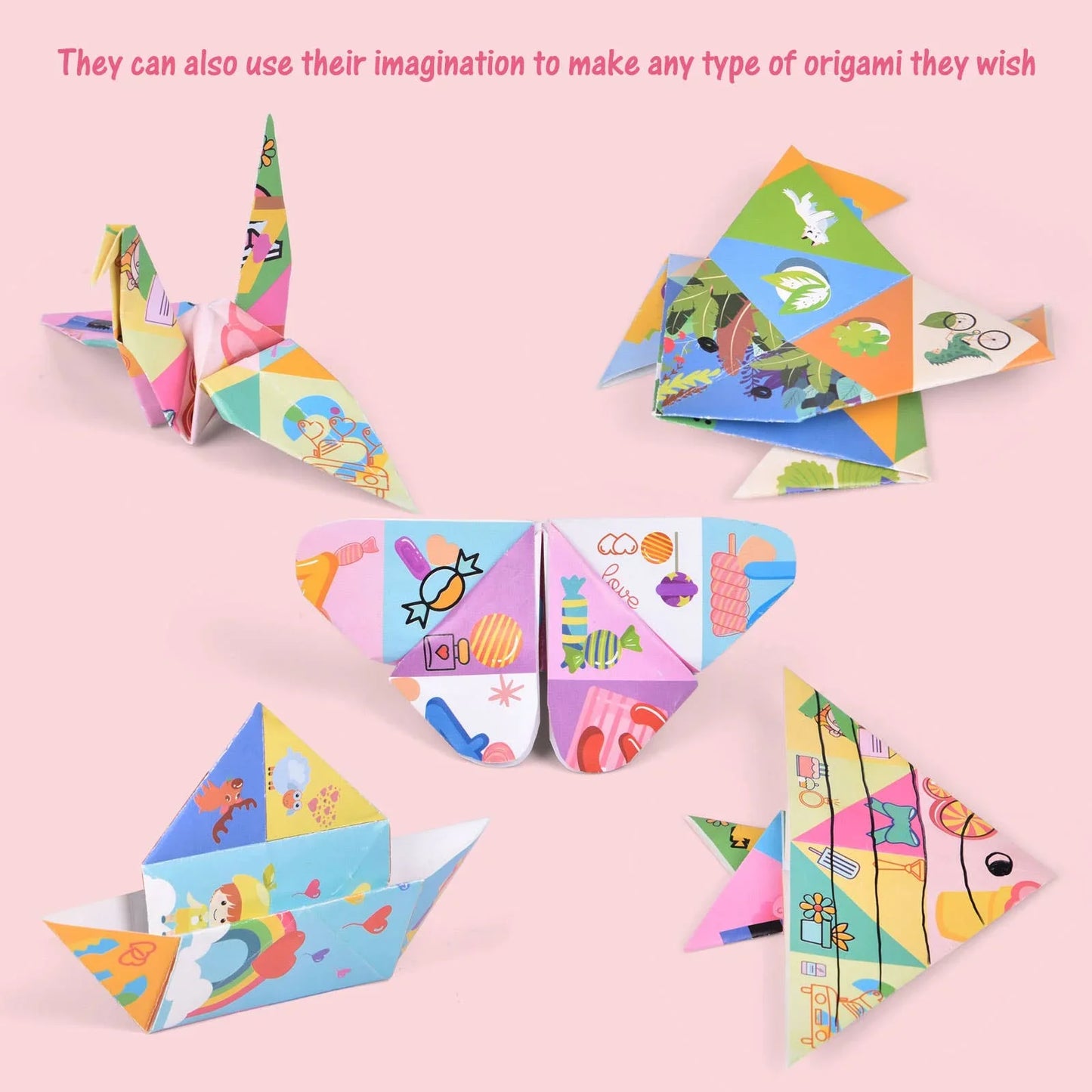 Colorful origami animals and shapes on pink background with candy and nature patterns. Come see us at Awaken, Franklin, Tennessee