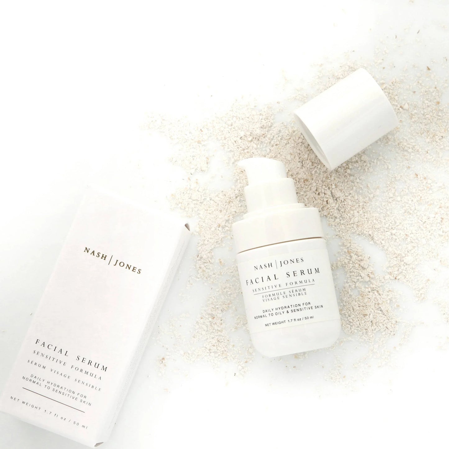 Nash Jones facial serum for sensitive skin with white packaging on a white background, natural skincare. Come see us at Awaken, Franklin, Tennessee