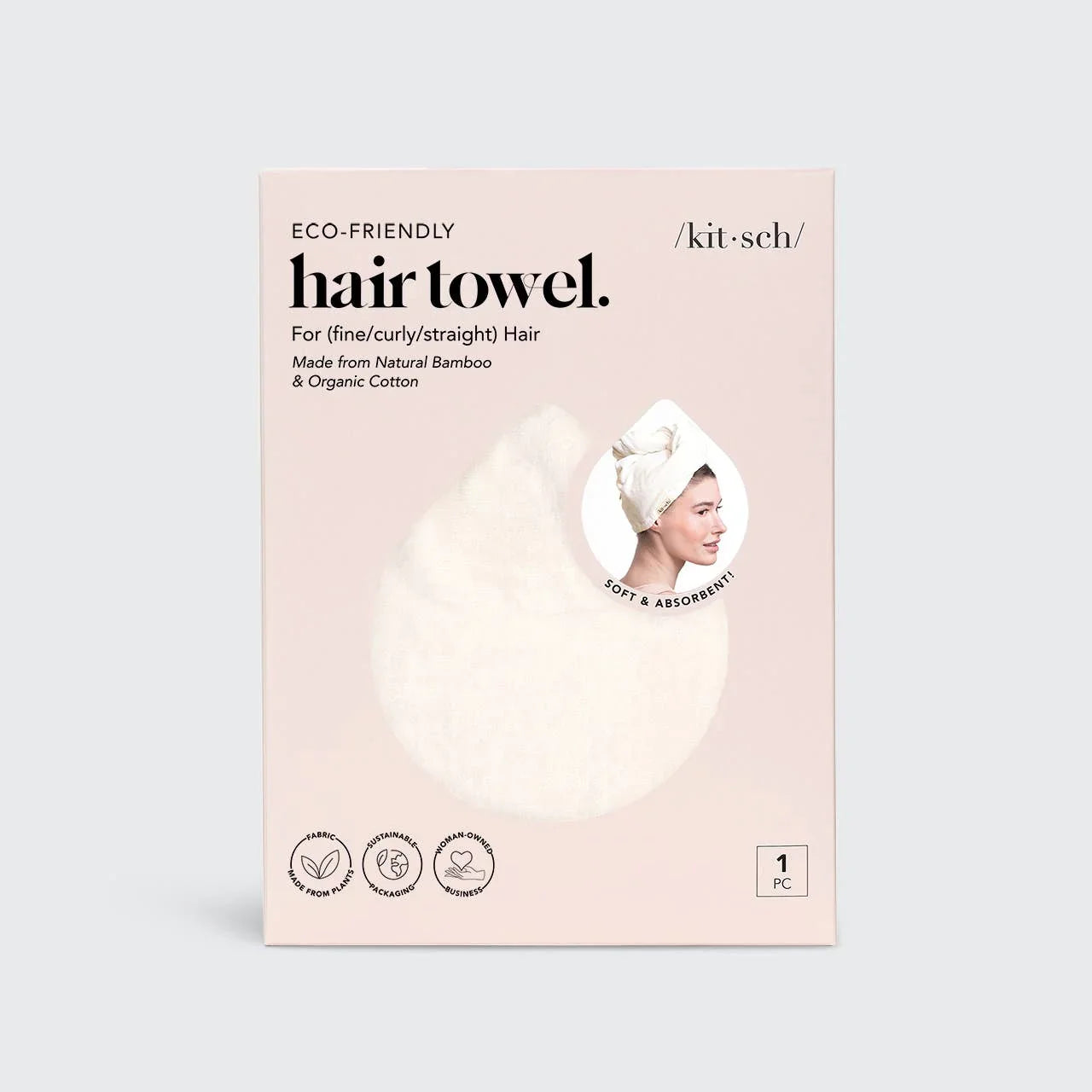 Eco-friendly hair towel for fine curly straight hair made from bamboo and cotton, soft and absorbent. Come see us at Awaken, Franklin, Tennessee