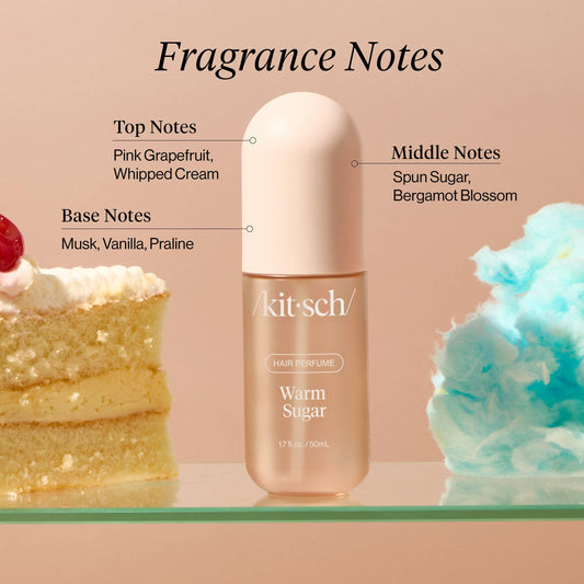 Kitsch Warm Sugar hair perfume bottle with scent notes and cake and cotton candy props. Come see us at Awaken, Franklin, Tennessee