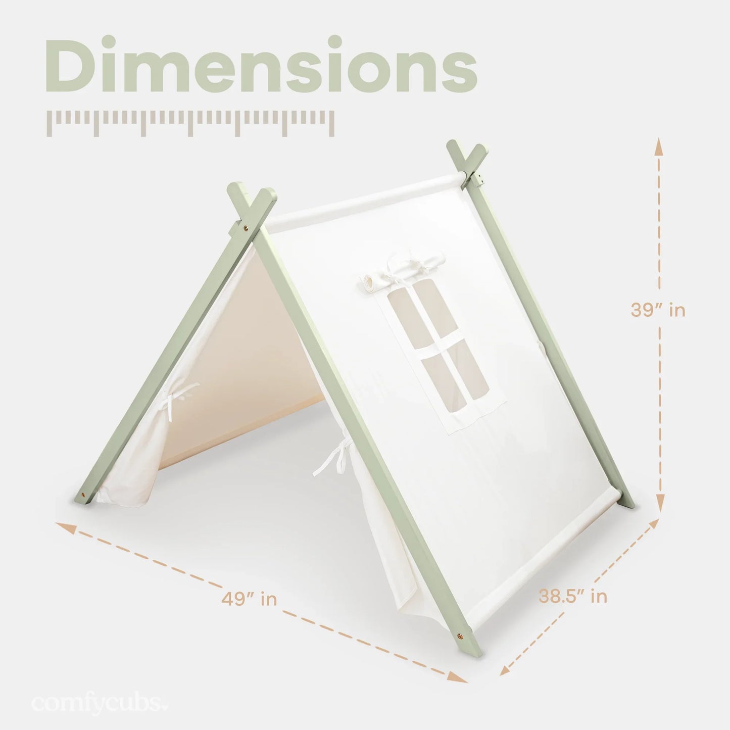 Kids play tent with window and green frame, dimensions labeled, Come see us at Awaken, Franklin, Tennessee
