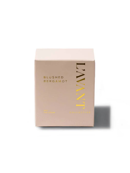 L'AVANT Collective Blushed Bergamot candle box on white background. Come see us at Awaken, Franklin, Tennessee.