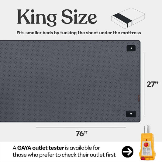 King size mattress pad 76x27 inches fits smaller beds by tucking sheet under mattress. GAYA outlet tester included. Come see us at Awaken, Franklin, Tennessee