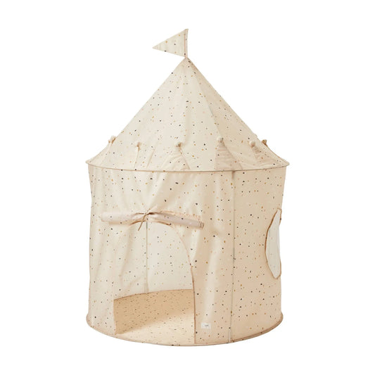 Beige spotted kids play tent with flag and arch doorway. Come see us at Awaken, Franklin, Tennessee
